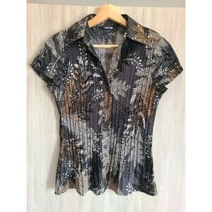 APT. 9 Pleated Blouse Petite PS Gray Brown Leaf Print Button Front Short Sleeve
